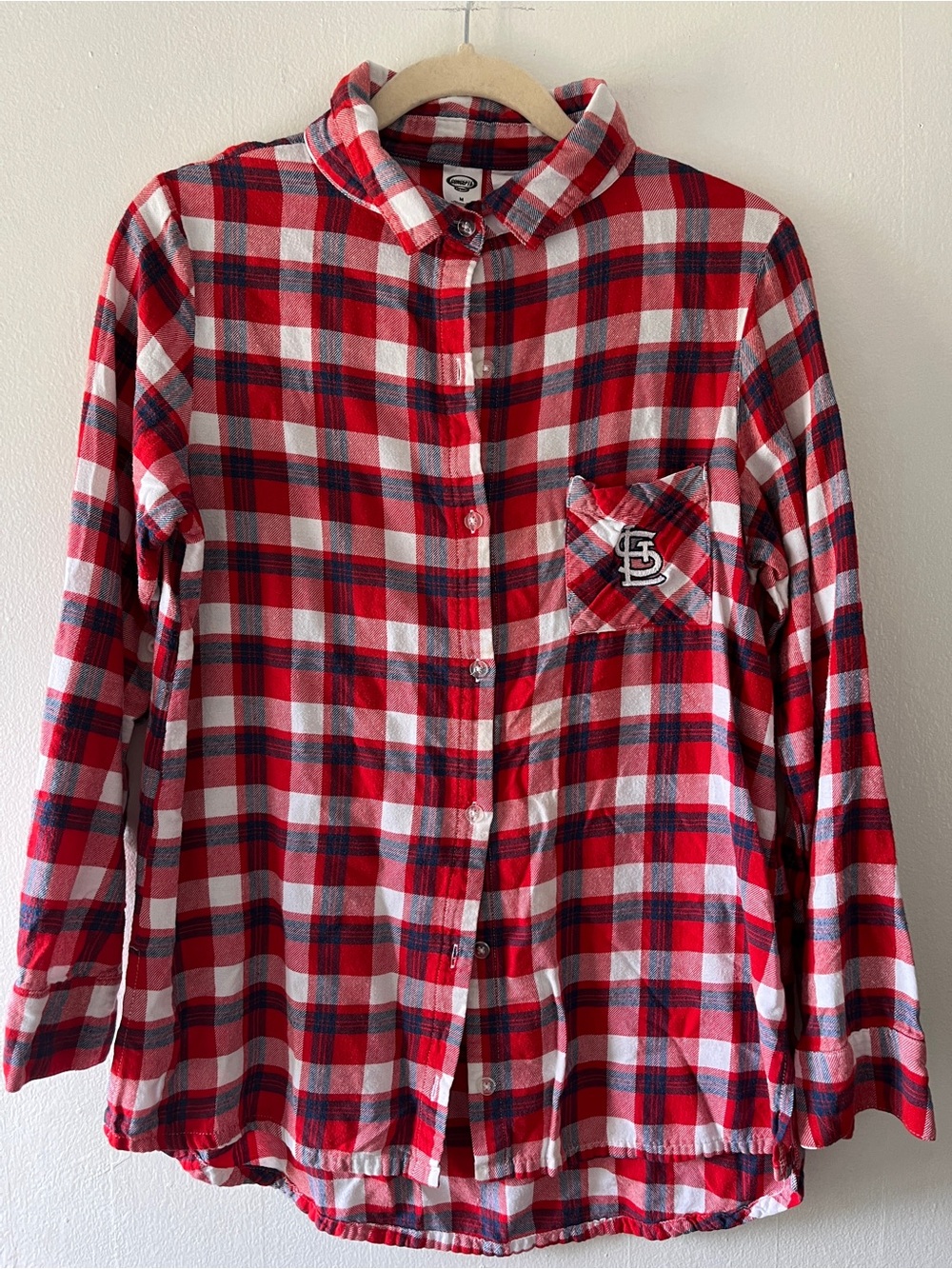 MLB St. Louis Red White Navy Plaid Long Sleeve Button-Up Tee